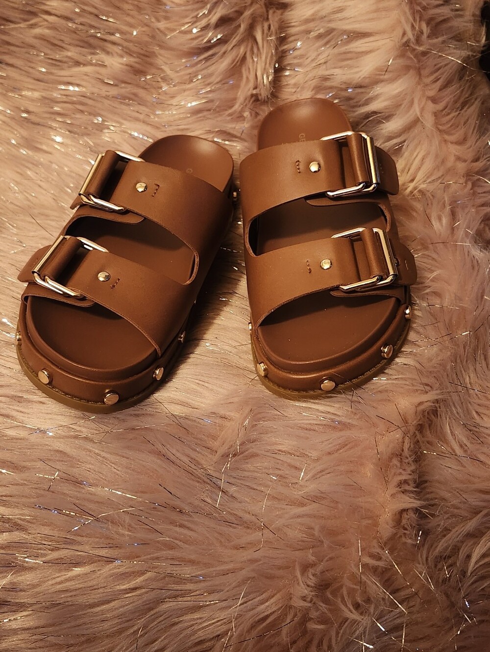 BCBGirls Brown Double-Buckle Studded Slide Sandals